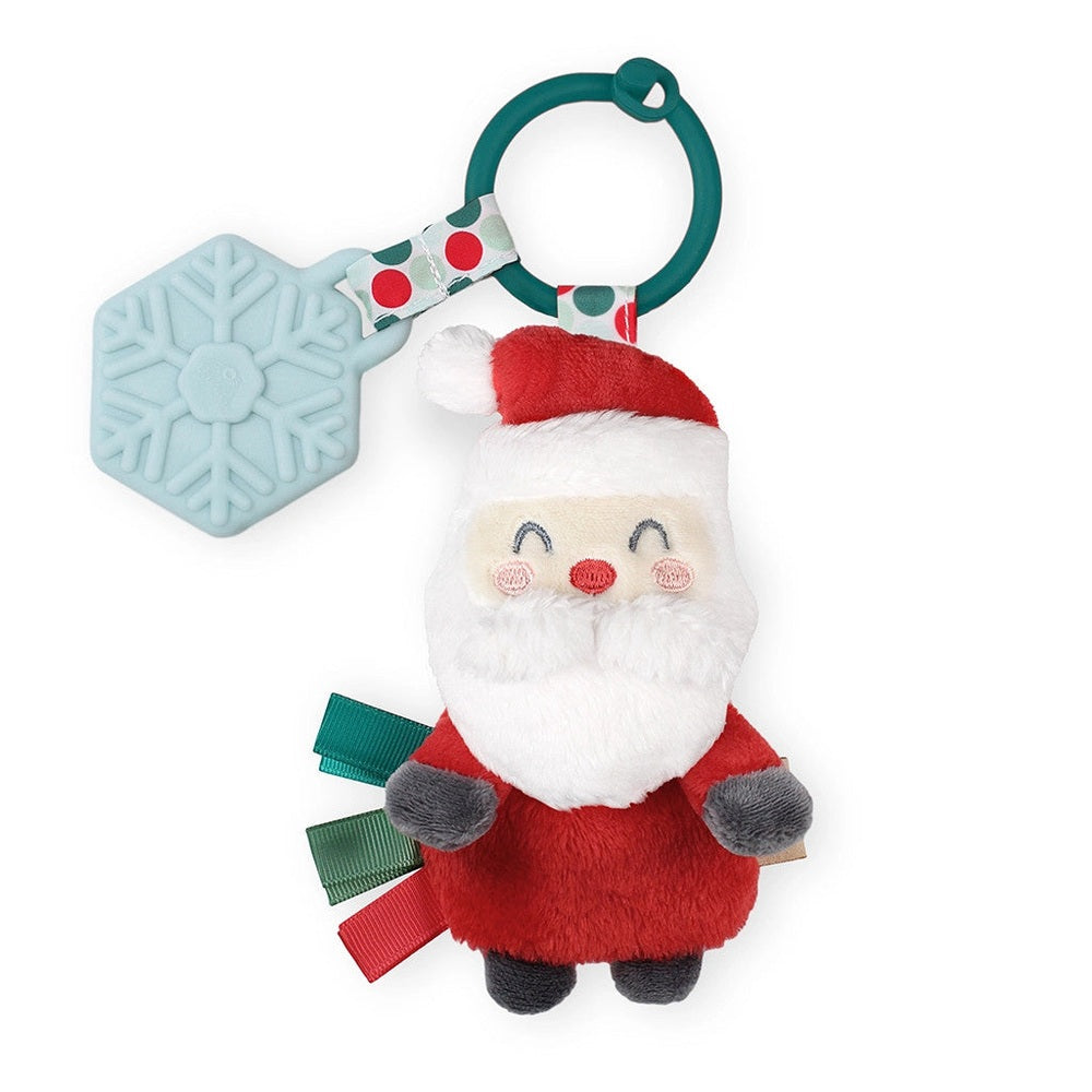 Itzy Ritzy Holiday Itzy Pal Plush Teether featuring Santa plush on a teal ring with snowflake tag and ribbon accents
