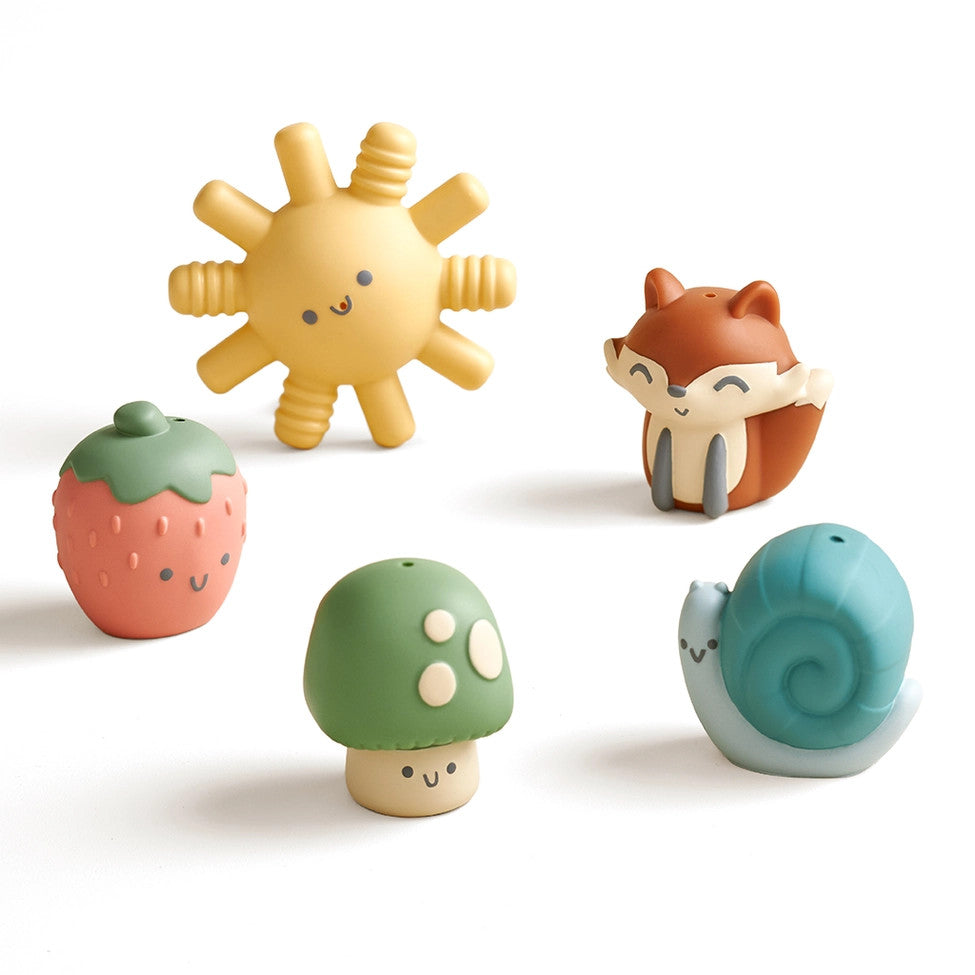 Itzy Ritzy Itzy Bitzy Puppets bath toy set of 5 silicone characters: sun, fox, strawberry, mushroom, snail
