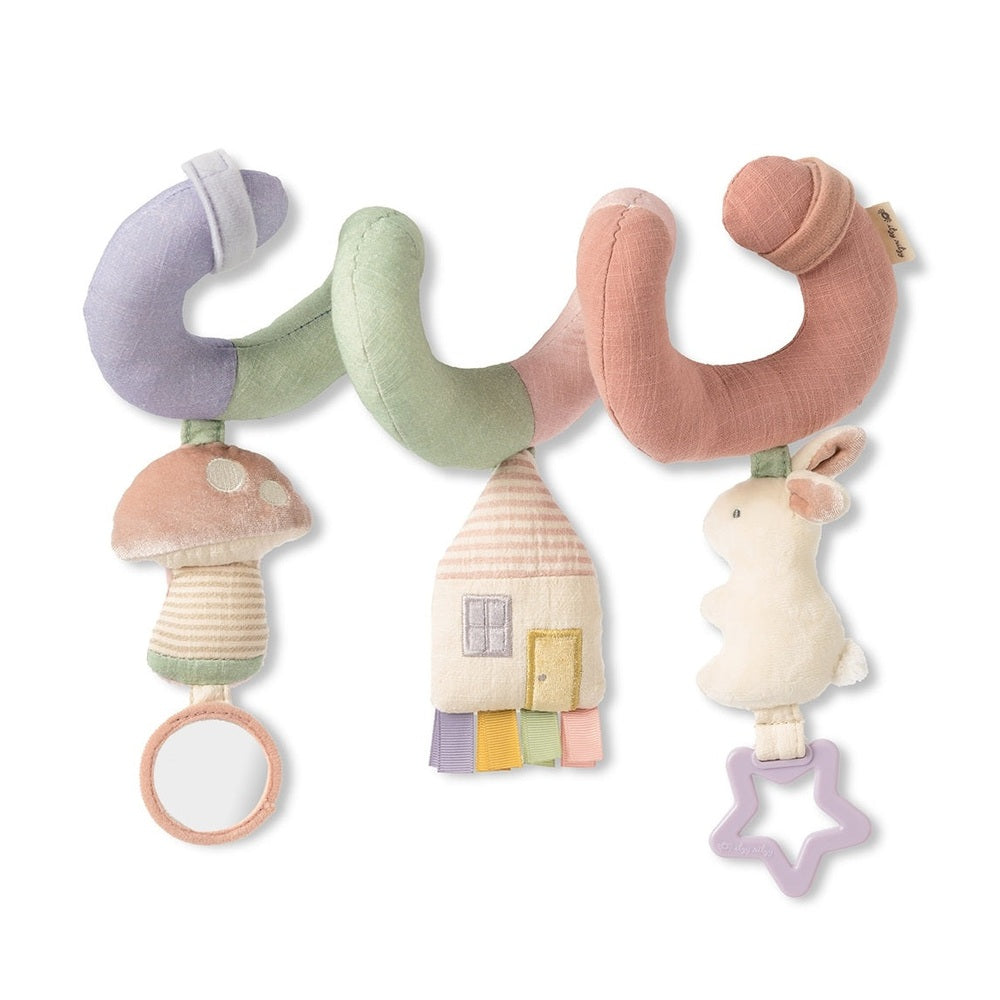 Itzy Ritzy Itzy Bitzy Spiral Car Seat Activity Toy, pastel plush spiral with mushroom, house, and bunny charms