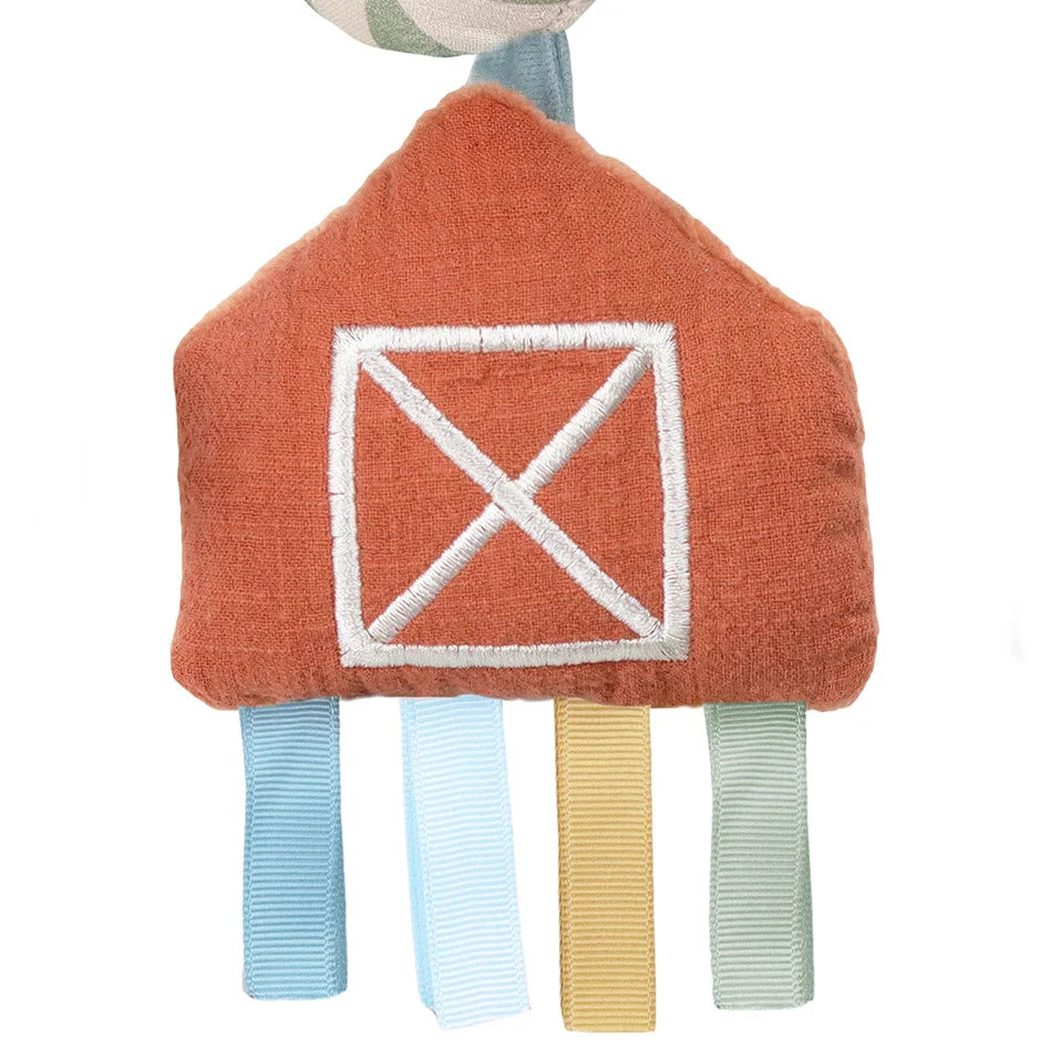 Itzy Ritzy Itzy Bitzy Spiral Car Seat Activity Toy; orange plush house with white window embroidery and pastel ribbons