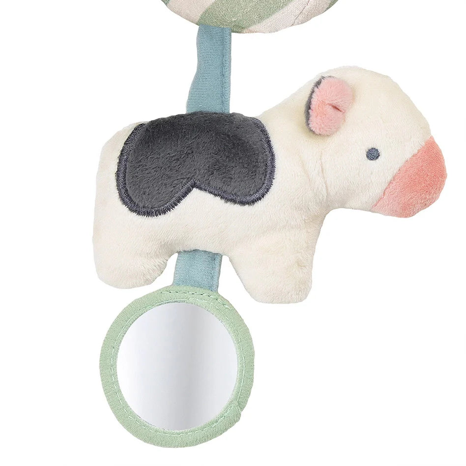 Itzy Ritzy Itzy Bitzy Spiral Car Seat Activity Toy; plush white cow with pink nose and black patch, attached round mirror
