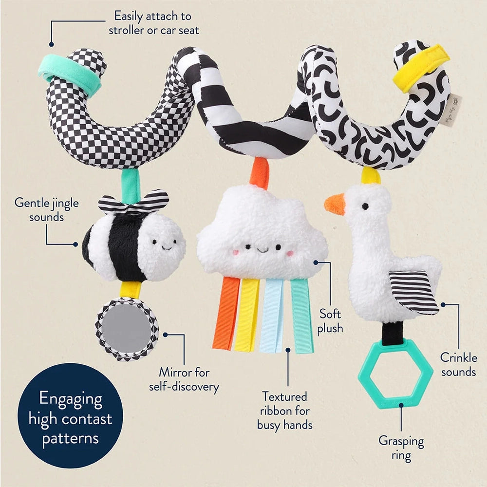 Itzy Ritzy Itzy Bitzy spiral car seat activity toy with plush cloud, colorful ribbons, and a mirror