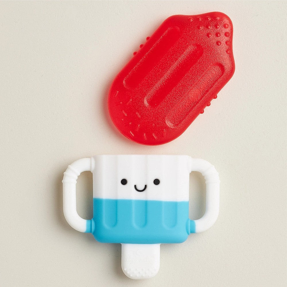 Itzy Ritzy Itzy Cool teether set: red popsicle and blue-and-white mug-shaped teether, 2 pieces