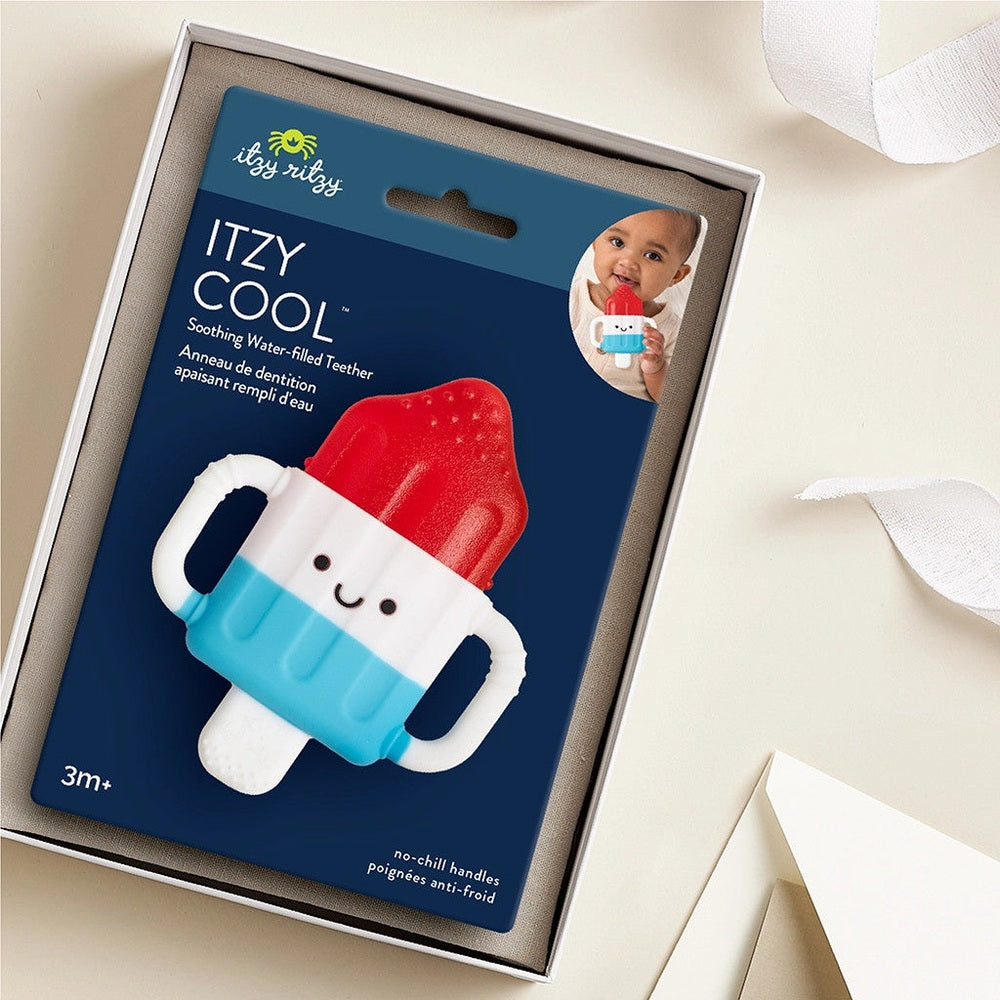 Itzy Ritzy Itzy Cool teether water-filled popsicle in red, white, blue; suitable from 3 months