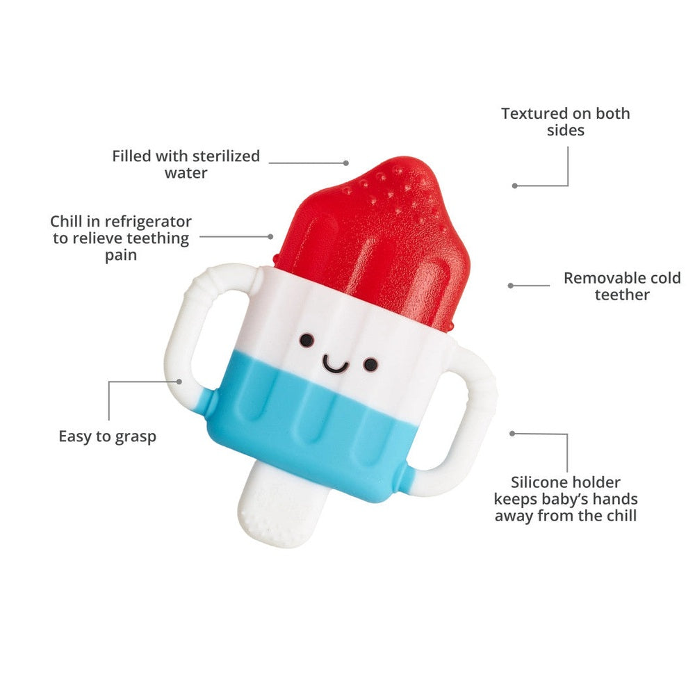 Teething popsicle toy Itzy Ritzy Itzy Cool with blue base, red top, silicone handles and removable cold teether