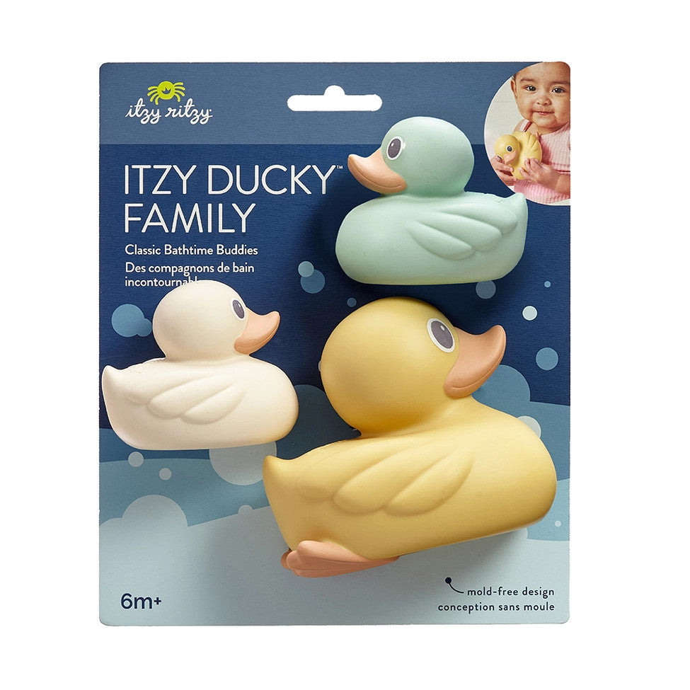 Itzy Ritzy Itzy Ducky Family bath toys set of 3 rubber ducks in white, yellow and mint green