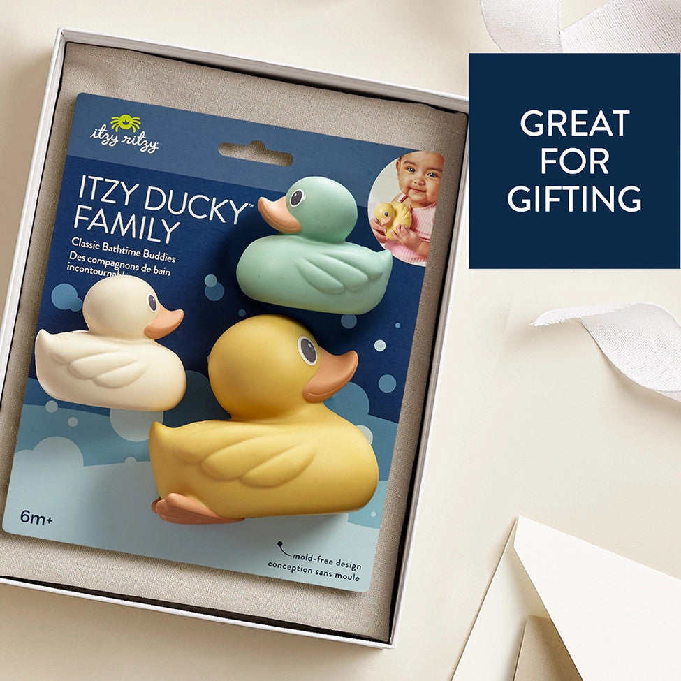 Itzy Ritzy Itzy Ducky Family bath toys set of 3 rubber ducks in white, teal and yellow