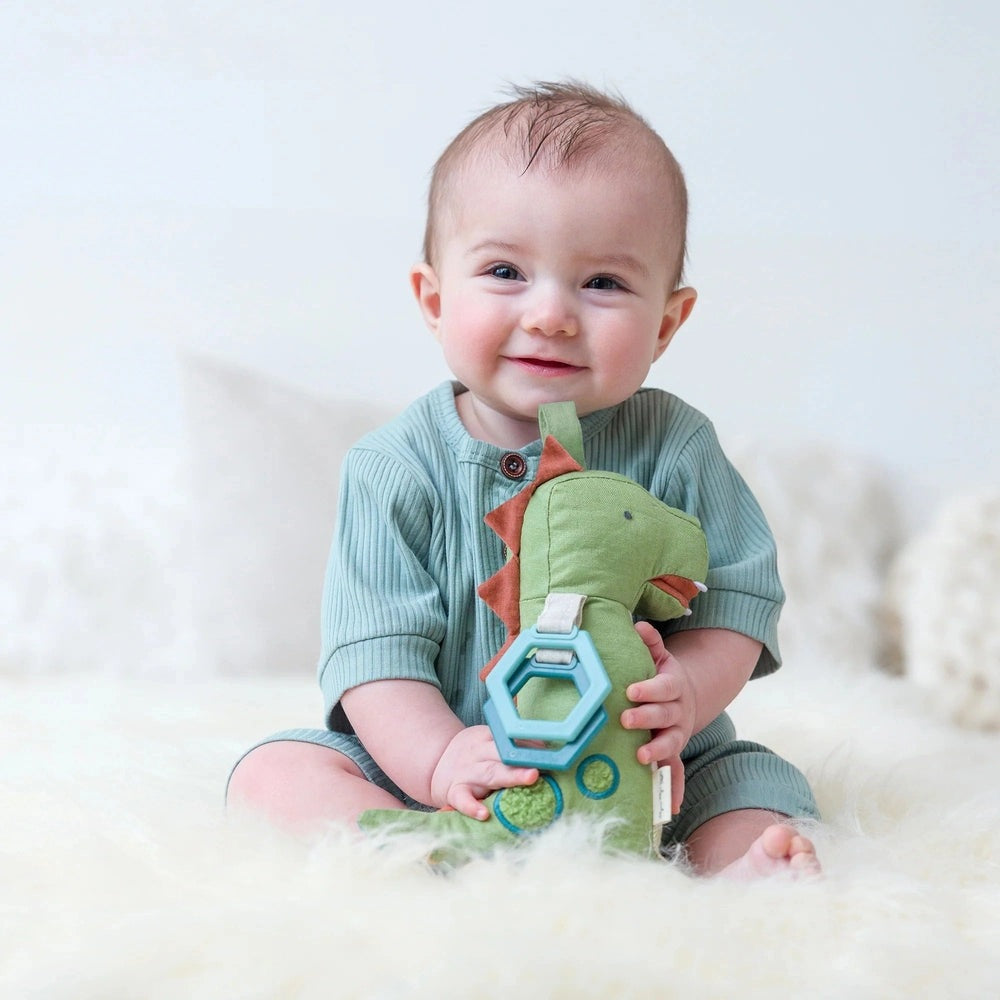 Itzy Ritzy Itzy Friends dinosaur activity plush in green fabric with teal hexagon teether