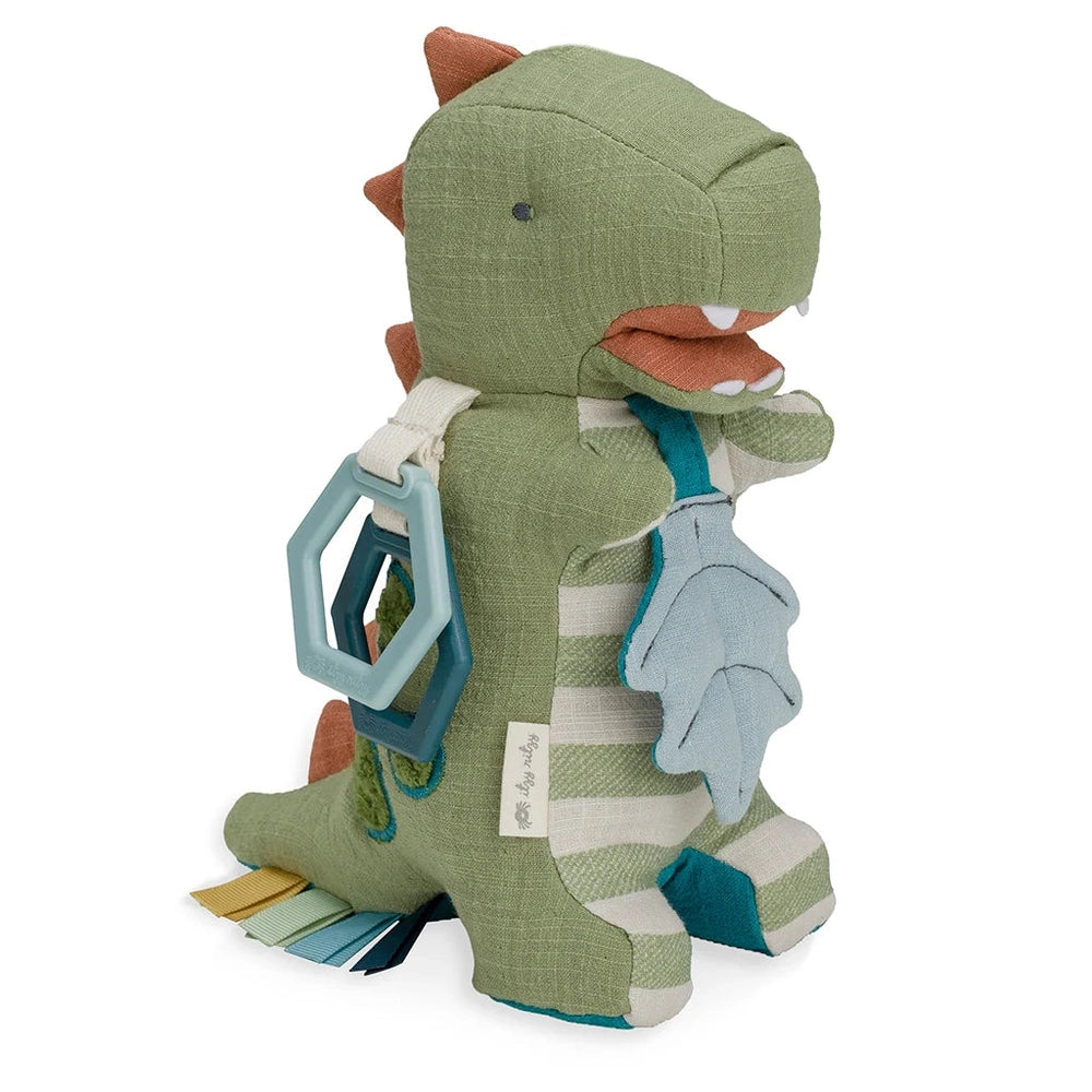 Itzy Ritzy Itzy Friends Link & Love Activity Plush dinosaur with teal teether rings and fabric ribbons