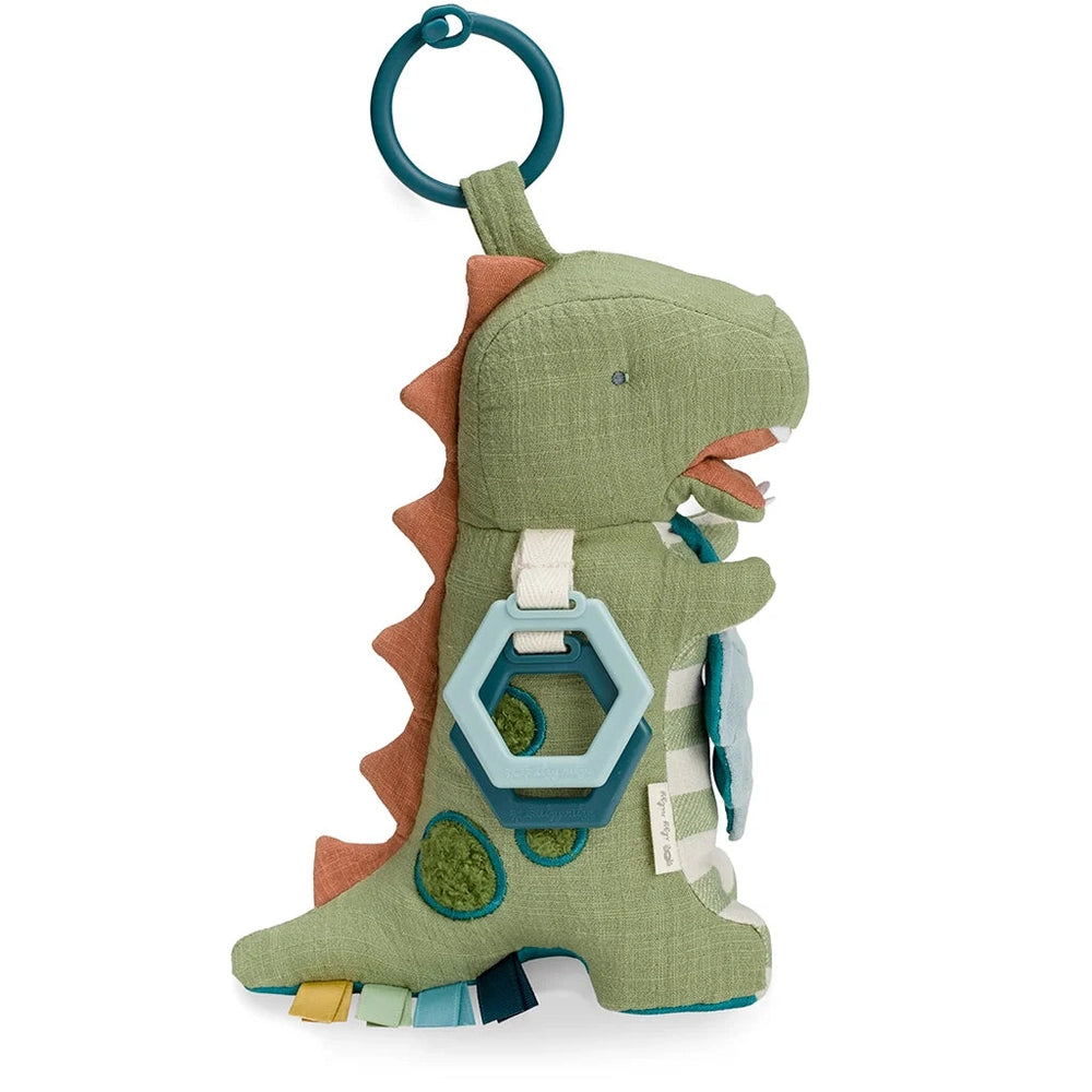 Itzy Ritzy Itzy Friends Link & Love Activity Plush dinosaur in green fabric with teal ring
