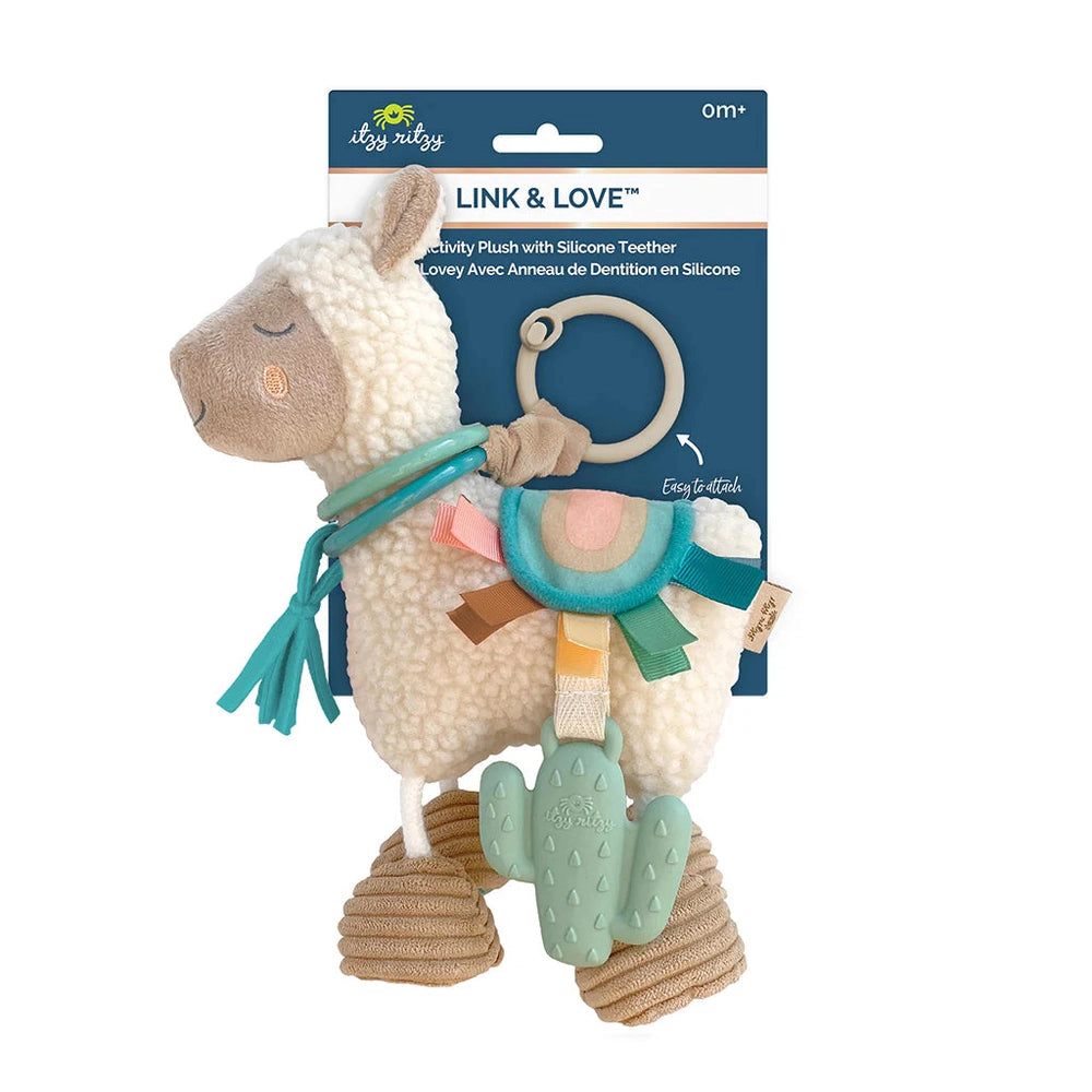 Itzy Ritzy Link & Love activity plush llama with silicone teether ring and cactus clip