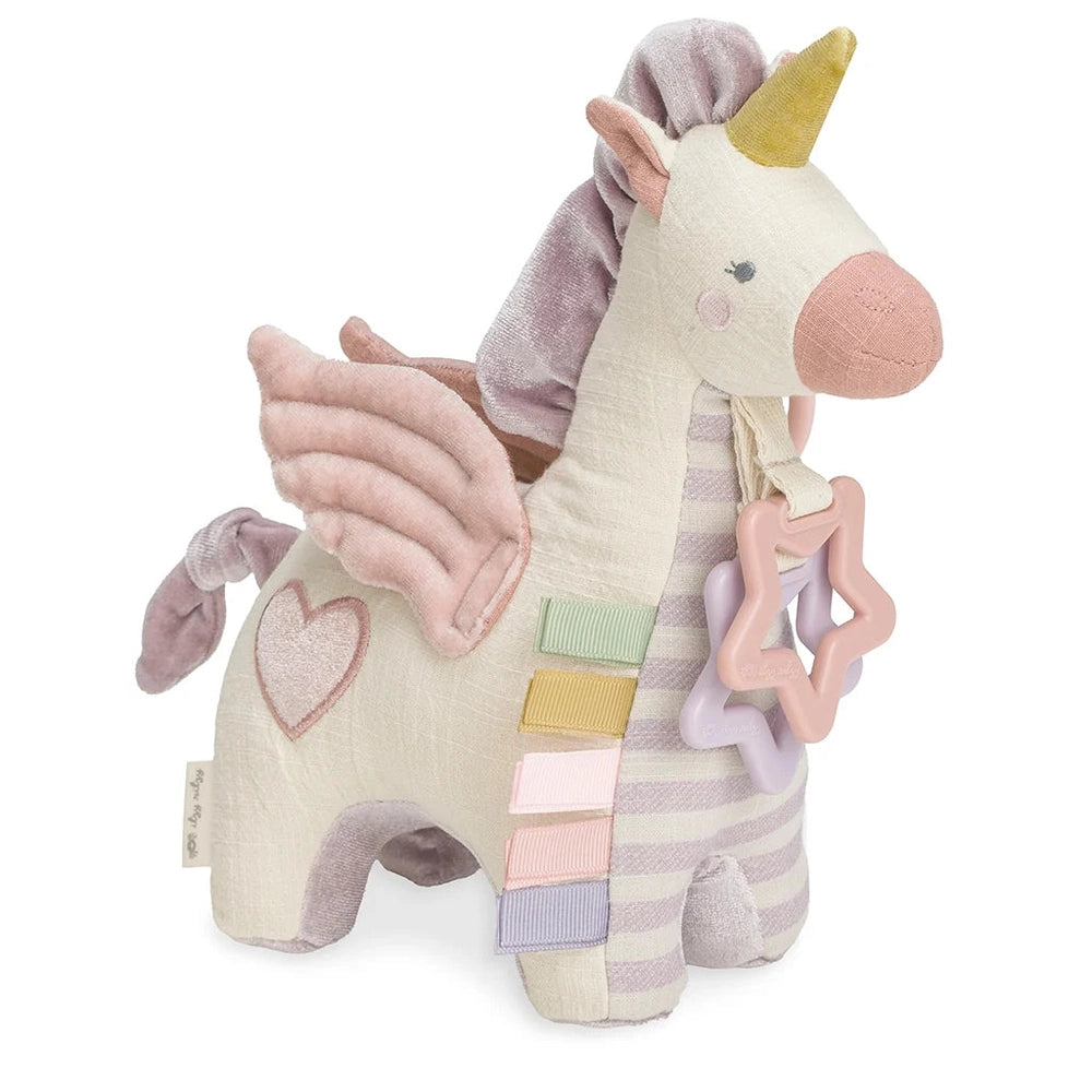 Itzy Ritzy Itzy Friends Link & Love Activity Plush unicorn in pastel cream with pink lavender accents and star teether