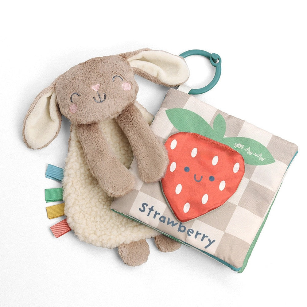 Itzy Ritzy Learn & Snuggle Gift Set with a plush tan bunny and strawberry fabric book, soft cream fleece