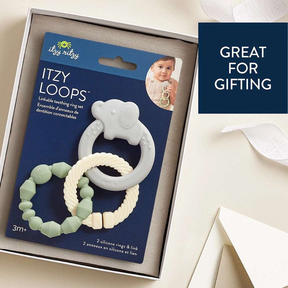 Itzy Ritzy Itzy Loops teething toy set with gray elephant ring and two silicone rope rings (green, beige)