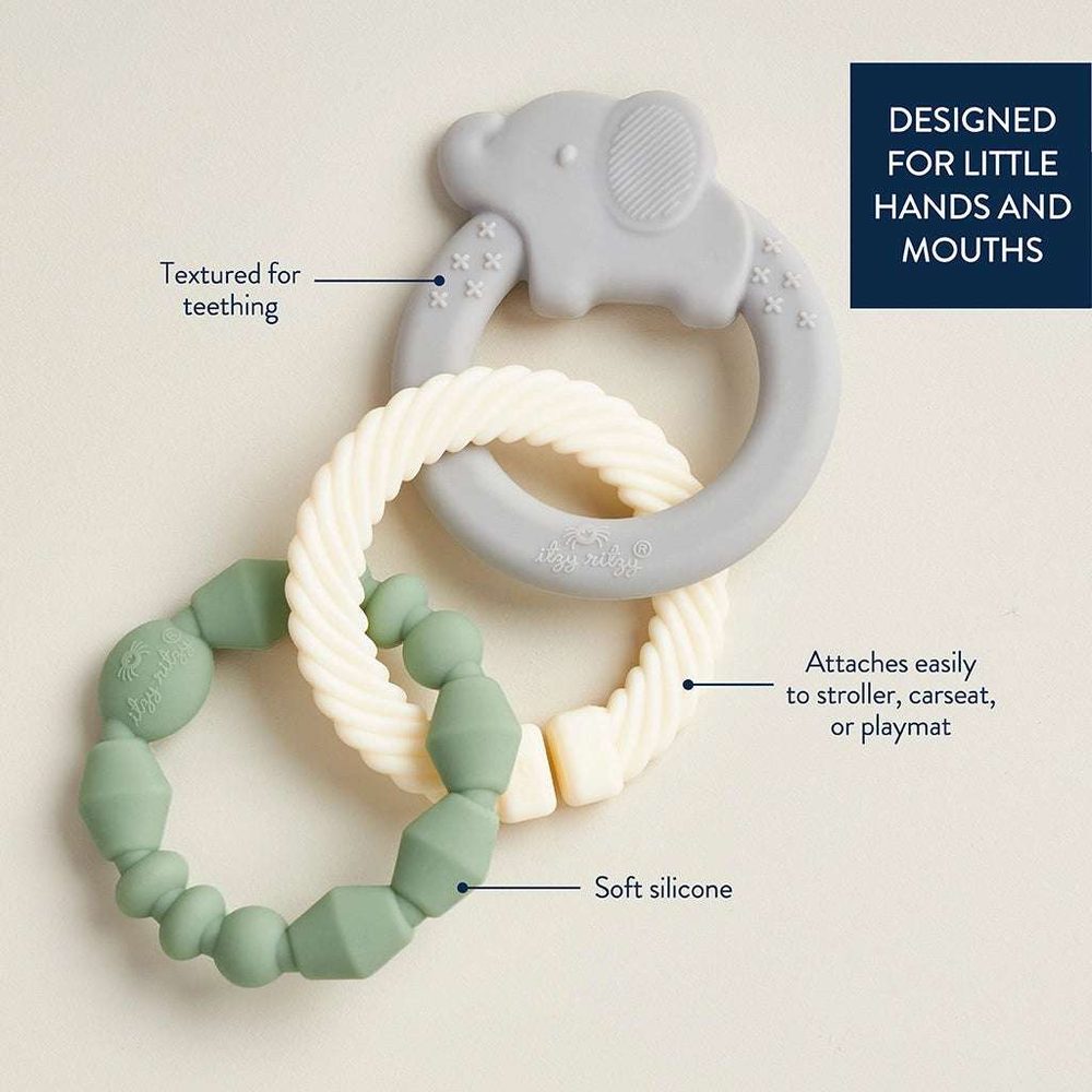 Itzy Ritzy Itzy Loops teething toy with soft silicone beads and textured elephant ring; stroller attachment