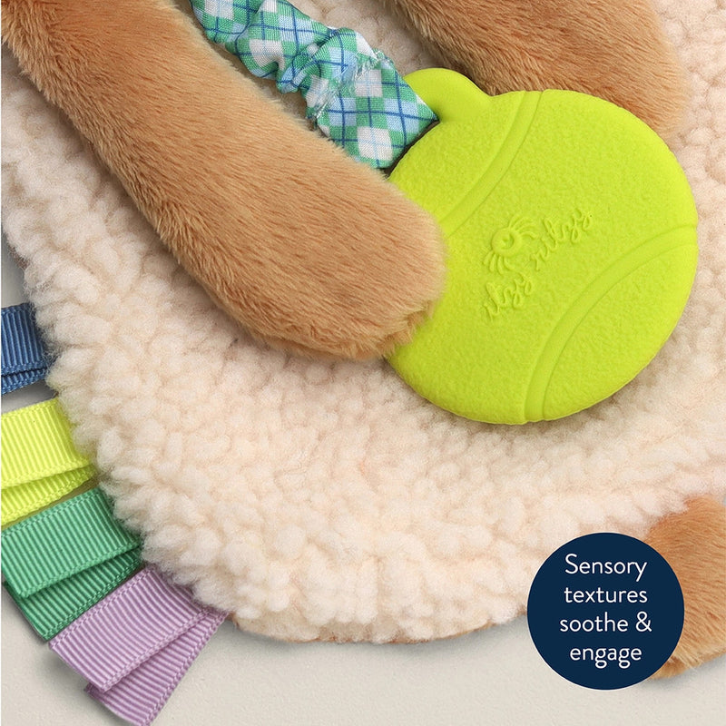 Itzy Ritzy Lovey plush and teether toy with neon yellow ball, cream fleece, and multicolor ribbons