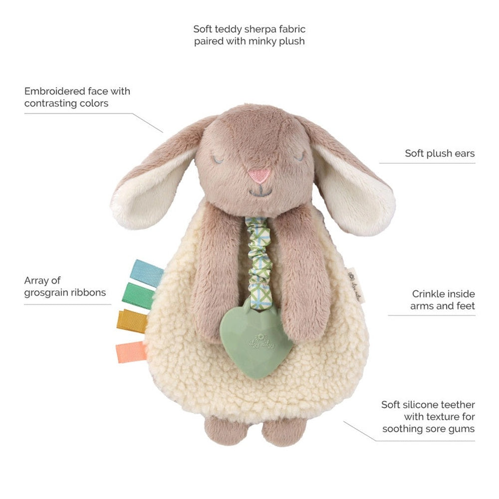 Itzy Ritzy Itzy Lovey plush bunny teether with pastel grosgrain ribbon tags and heart pendant