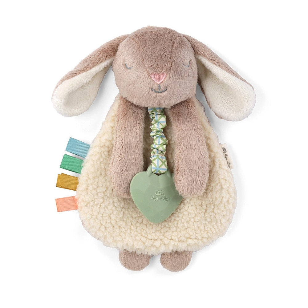 Itzy Ritzy Itzy Lovey plush bunny teether, taupe and cream with pastel ribbon heart