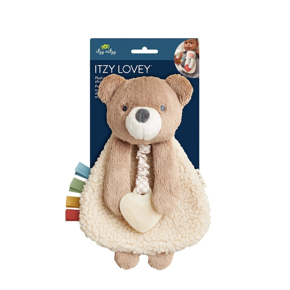 Itzy Ritzy Itzy Lovey plush and teether bear toy, beige with cream belly, heart teether and colorful ribbon tags