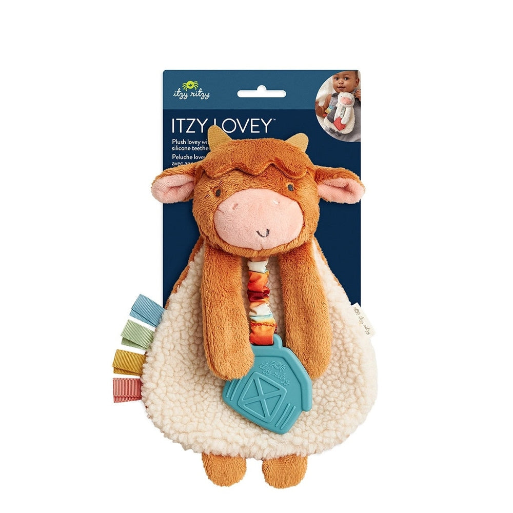 Itzy Ritzy Itzy Lovey plush and teether toy, orange lamb with cream sherpa body and blue silicone teether