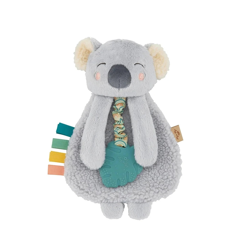 Itzy Ritzy Itzy Lovey plush and teether toy, gray koala with teal silicone teether and multicolor ribbon tabs.