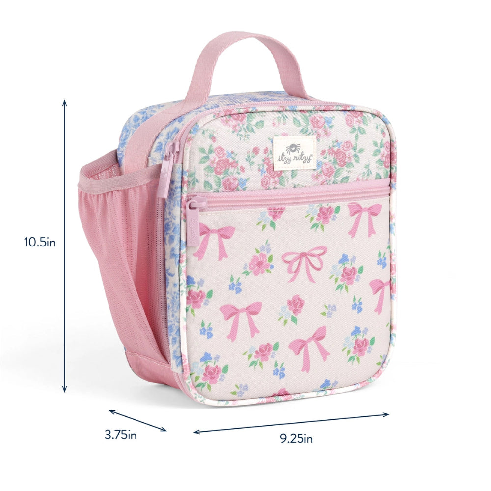 Itzy Ritzy Itzy Lunch Box Bag pastel floral with pink trim, showing a side mesh pocket and top carrying handle.