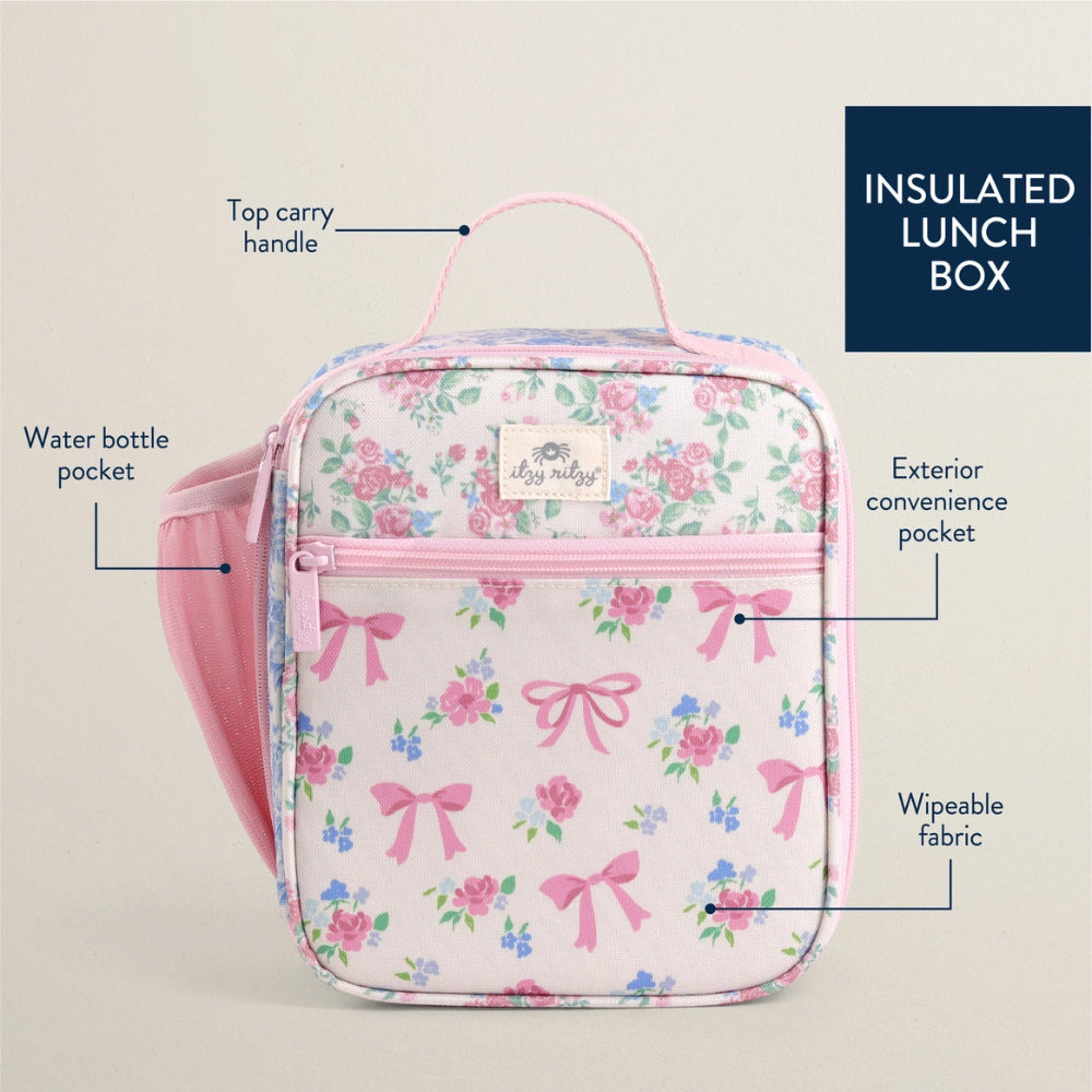 Itzy Ritzy insulated lunch box bag, pink floral with top carry handle and exterior zip pocket, wipeable fabric.