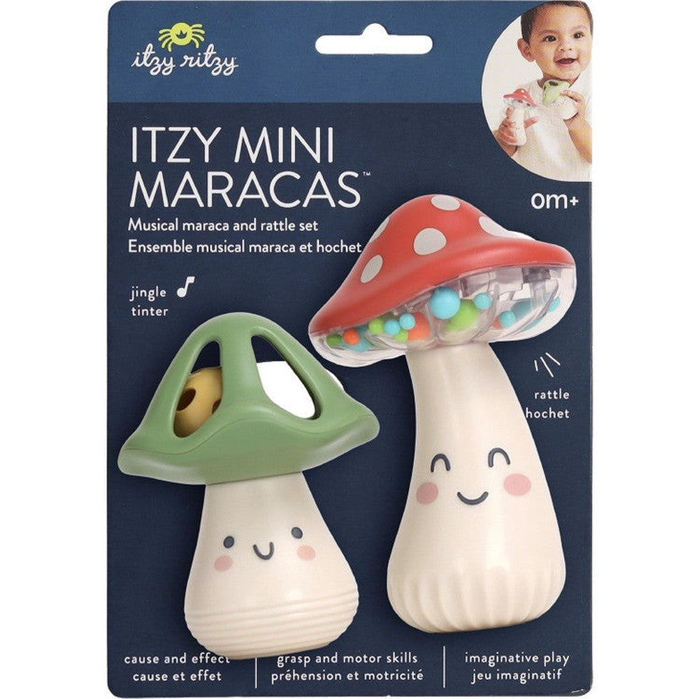 Itzy Ritzy Itzy Mini Maracas: two mushroom-shaped baby rattles with green and red caps, smiling faces