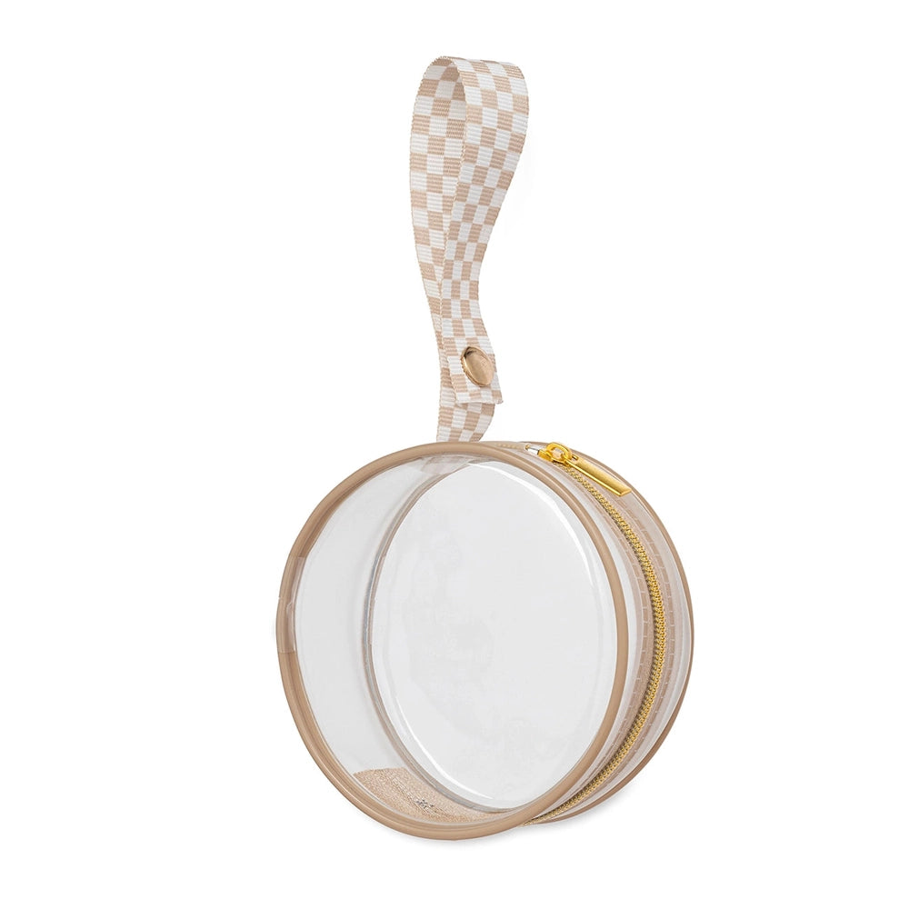Itzy Ritzy Paci Case, round clear case with beige checkered strap and gold zipper