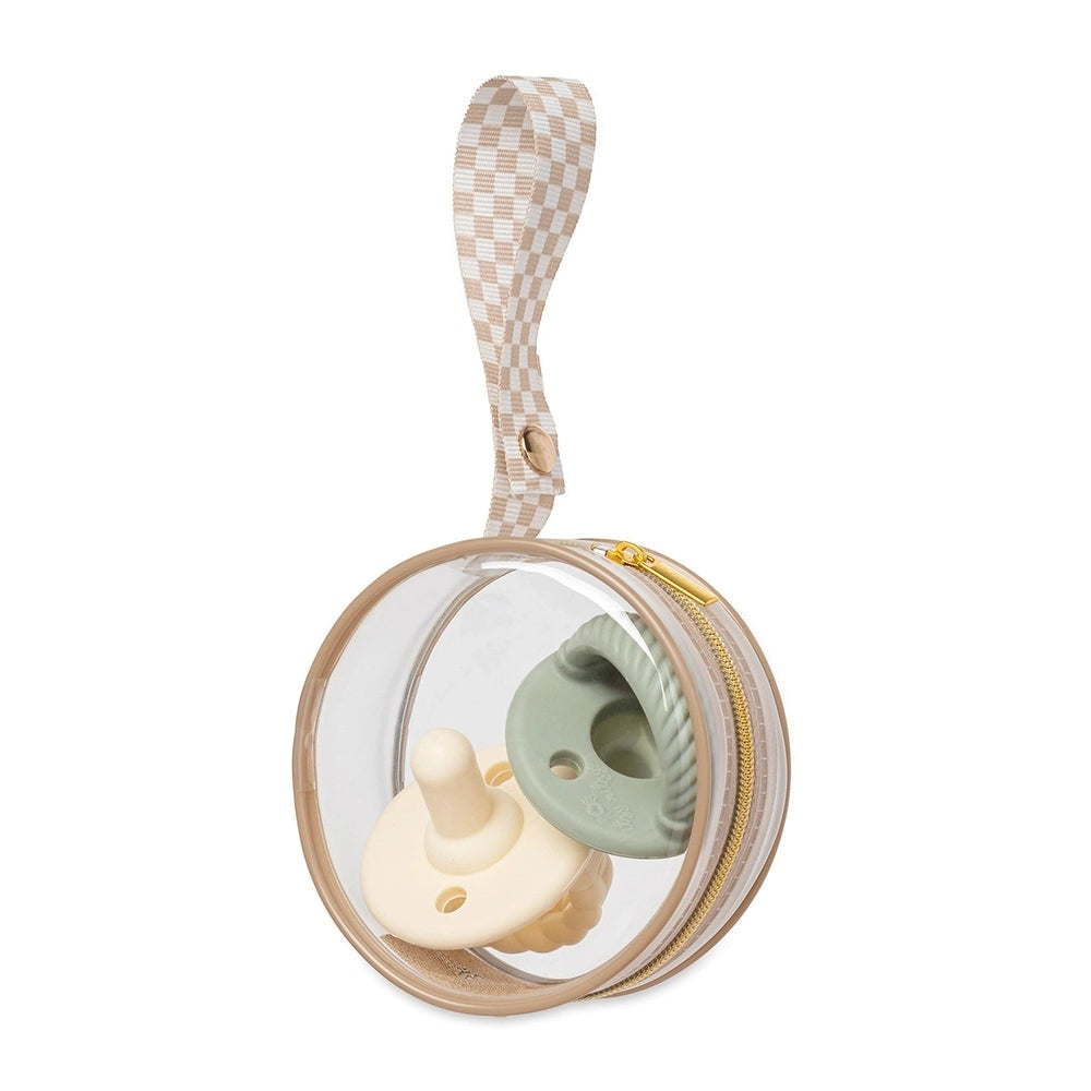 Itzy Ritzy Paci Case, round clear case with beige strap and two pastel pacifiers inside