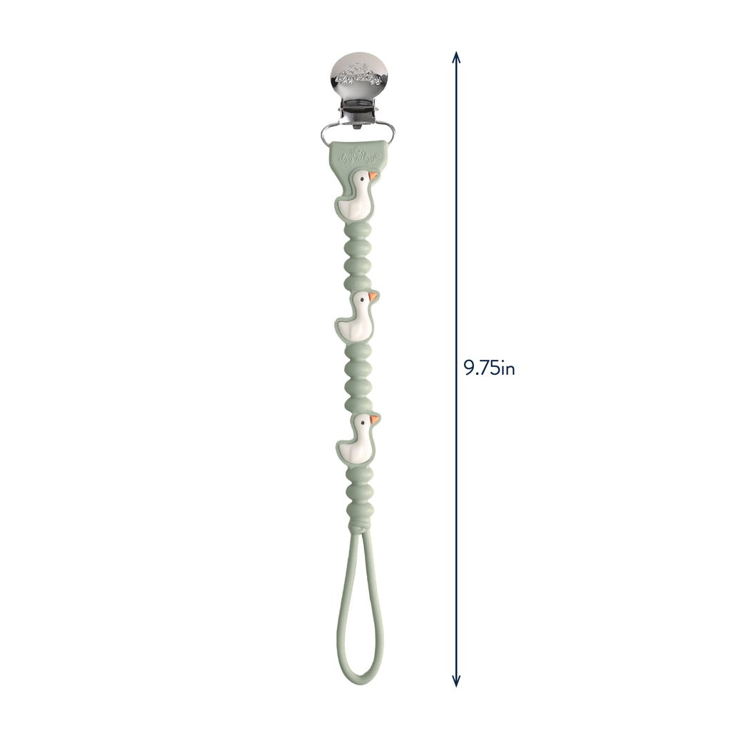 Full-length Goose pacifier strap measurement showing a 9.75 inch length