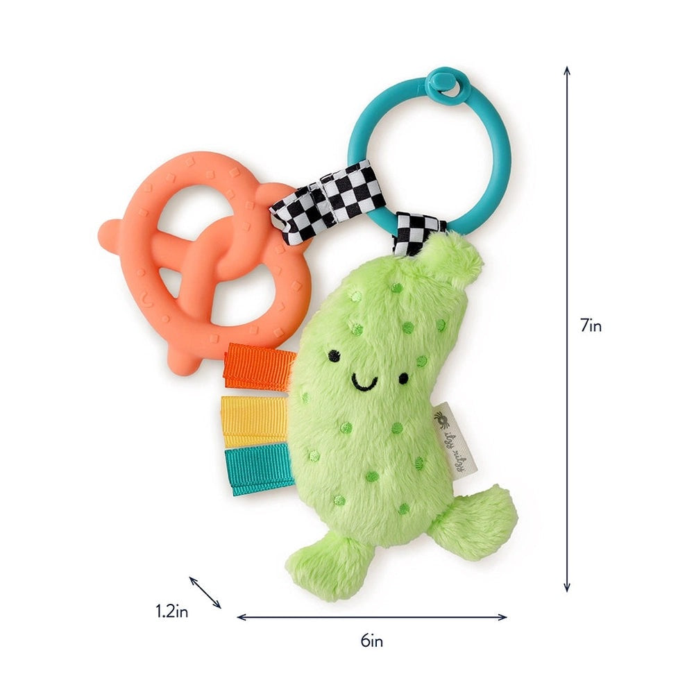 Itzy Ritzy Itzy Pal Parker The Pickle teething toy with teal ring, orange ring, and multicolor ribbons