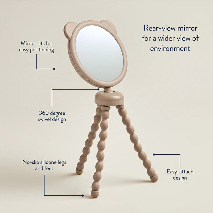 Itzy Ritzy Itzy Peek Stroller Mirror in beige with 360-degree swivel tripod legs and no-slip silicone feet