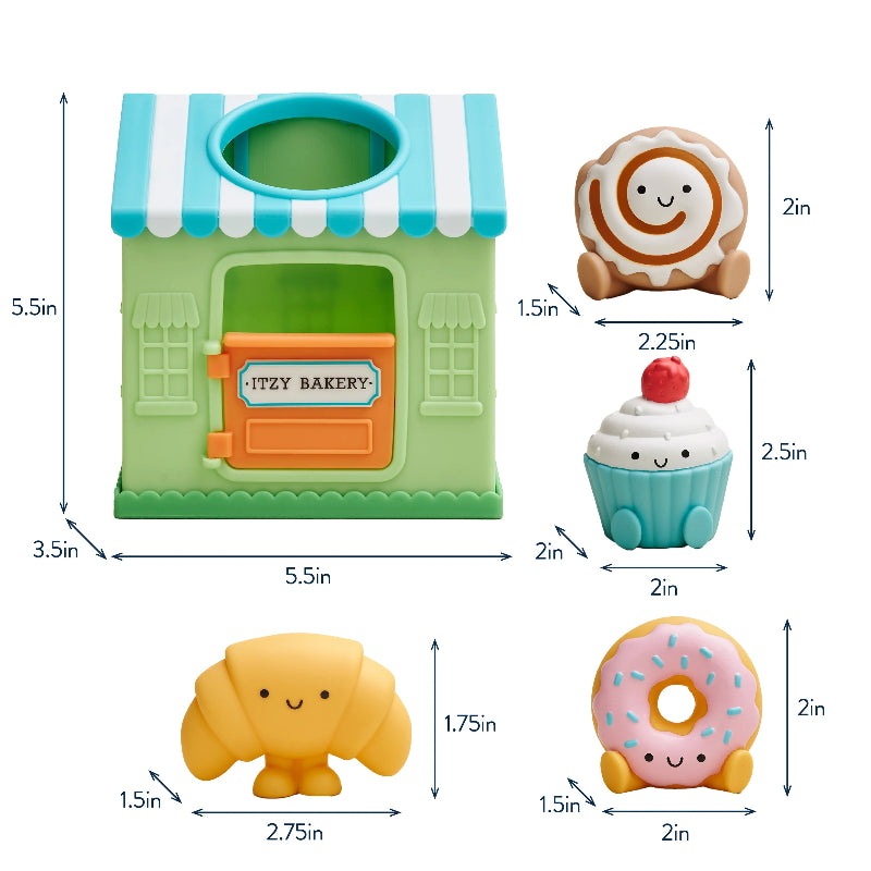 Itzy Ritzy play bakery spill-and-fill activity toy with green storefront and four mini treats