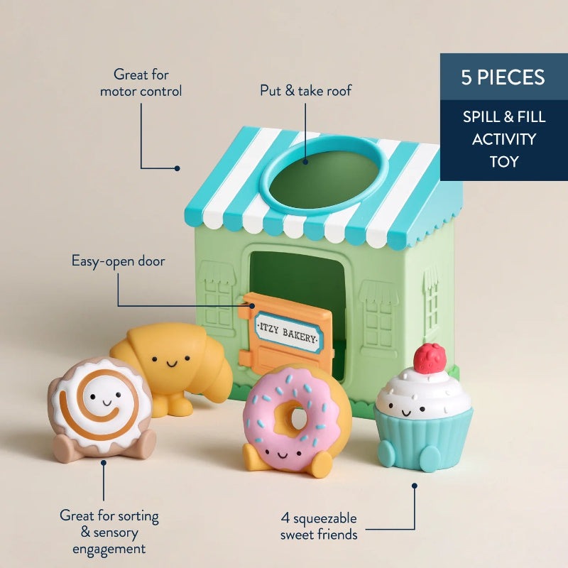 Itzy Ritzy Itzy Play Bakery spill and fill activity toy set, 5 pieces in pastel colors with easy-open door