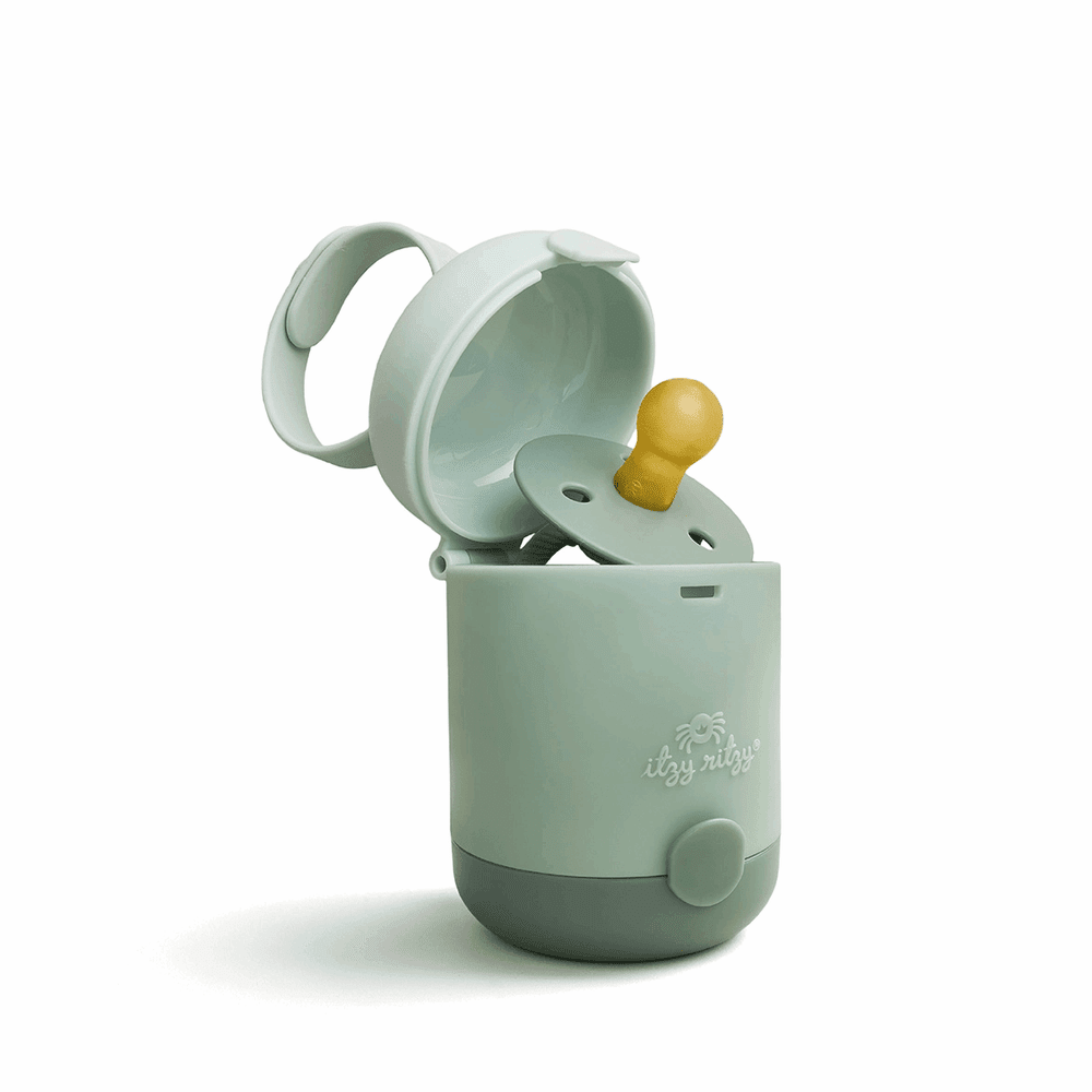 ITZY RITZY Itzy Pod Duo pacifier in mint green with yellow nipple in compact case