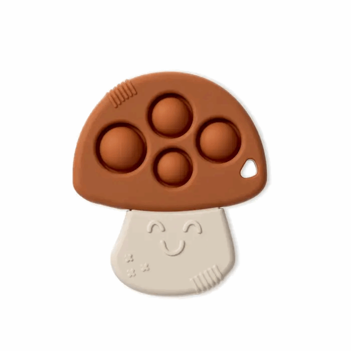 Itzy Ritzy Itzy Pop teething toy mushroom shape, silicone brown cap with cream stem
