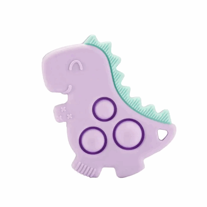 Itzy Ritzy Itzy Pop dinosaur teether in lavender with mint spikes and purple rings
