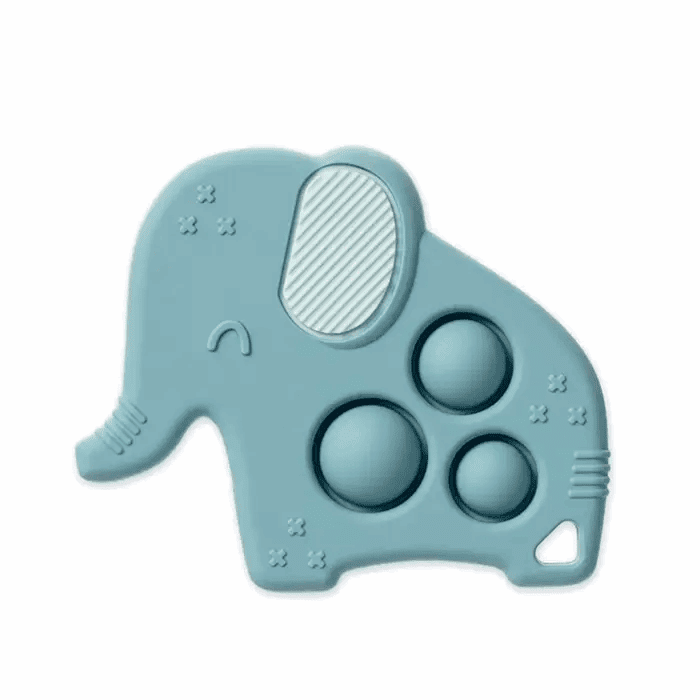 Itzy Ritzy Itzy Pop silicone elephant teether in blue with textured ridged panel