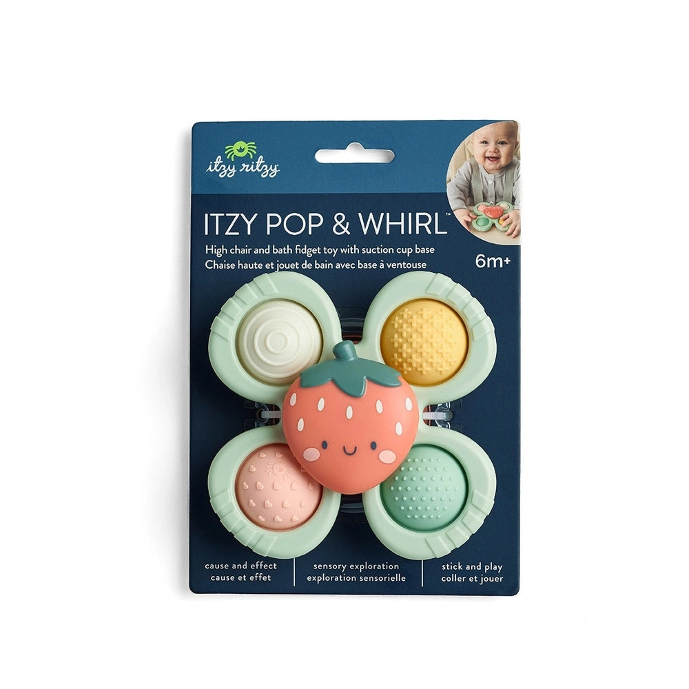 Itzy Ritzy Itzy Pop & Whirl fidget toy, strawberry center with five mint-green petals