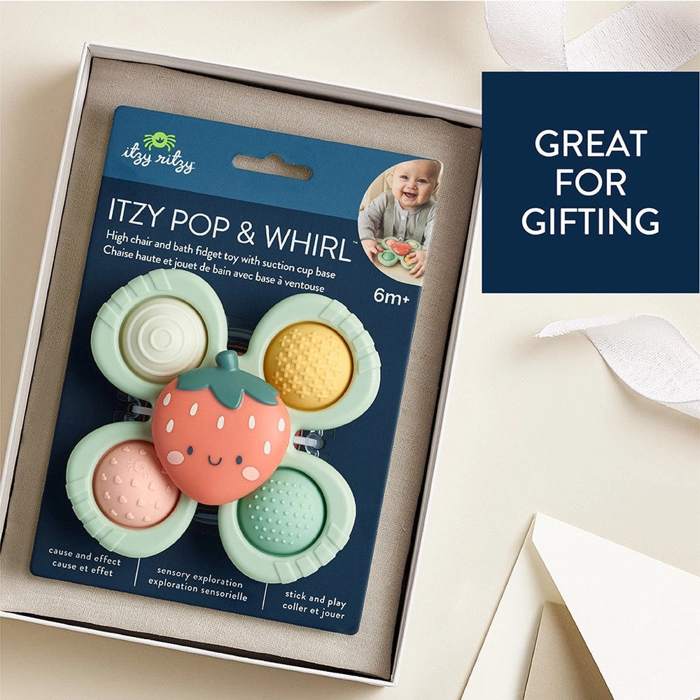 Itzy Ritzy Itzy Pop & Whirl strawberry character fidget toy with pastel mint green petals for ages 6m+, ITZY RITZY