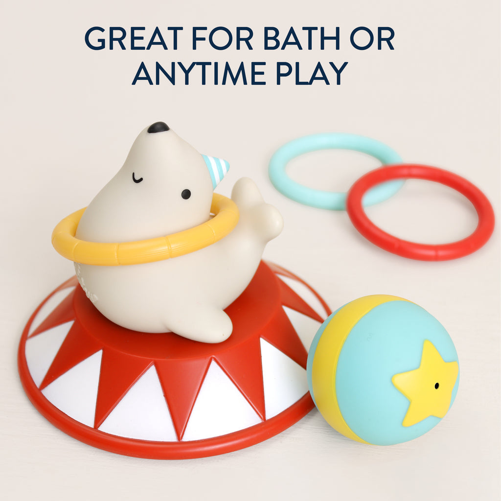 Three tossing rings included with the Itzy Ritzy Circus bath toy game