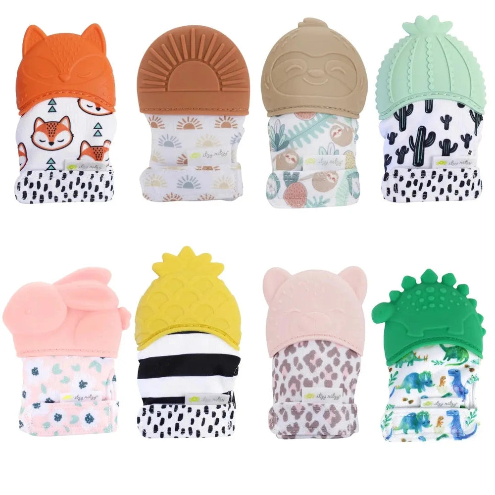 Itzy Ritzy Itzy Silicone Teething Mitts; eight colorful mitts worn on a baby’s hand for soothing gums.