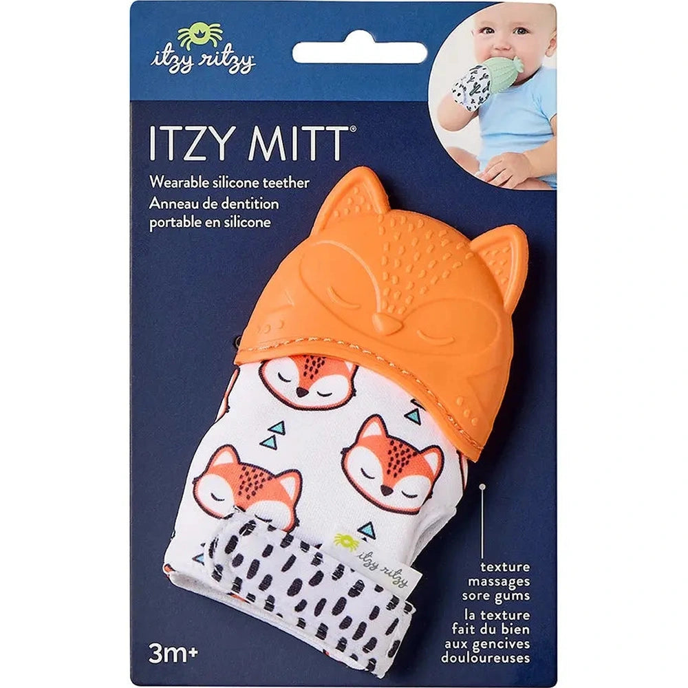 Itzy Ritzy Itzy Silicone Teething Mitts orange fox design; baby wears wearable silicone teether on their hand.