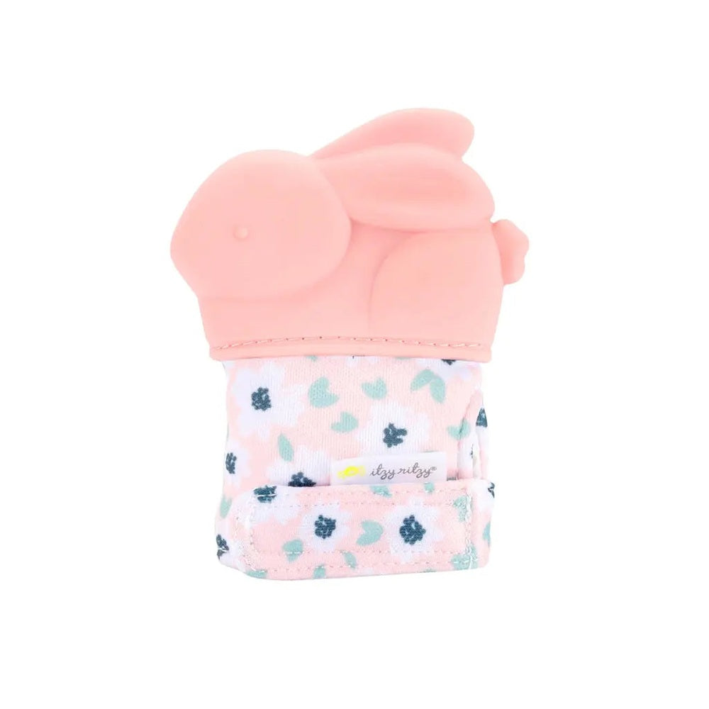 Itzy Ritzy Itzy Silicone Teething Mitts, pink silicone mitten paired with a pastel floral sleeve for babies