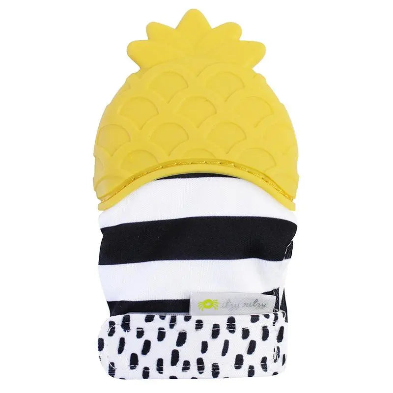 Itzy Ritzy Itzy Silicone Teething Mitts, yellow pineapple top with black-and-white striped cuff worn on a hand.