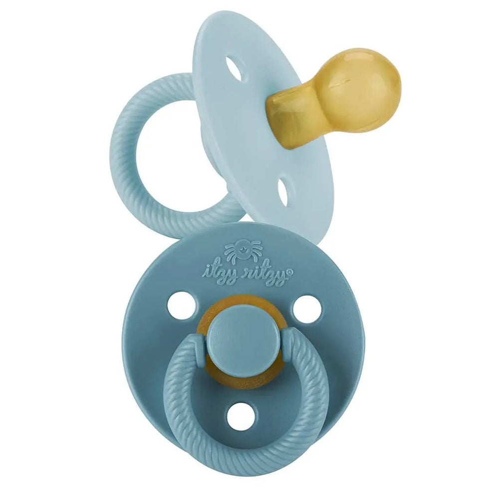 Itzy Ritzy Itzy Soother Natural Rubber Pacifier Sets (0–6M), blue pacifier with yellow nipple and looped ring grip.
