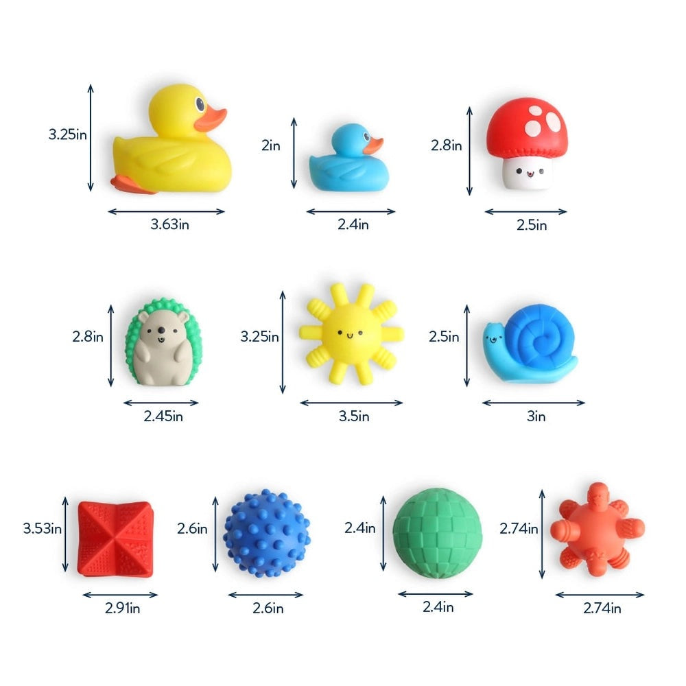 Itzy Splash Bath Toys Gift Set by ITZY RITZY: 12 colorful bath toys for babies (ducks, mushroom, snail, hedgehog, sun, textured balls)