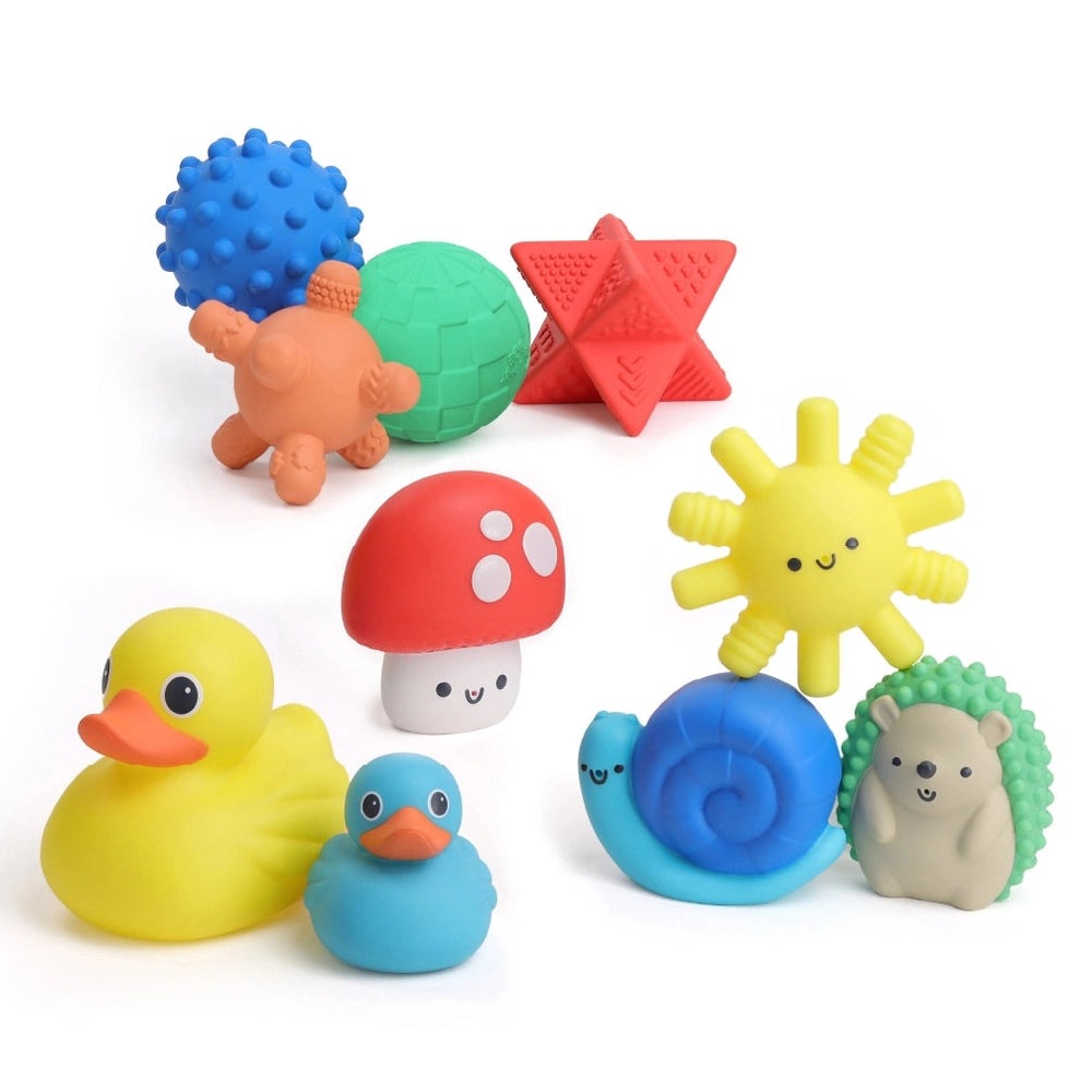 Itzy Ritzy Itzy Splash Bath Toys Gift Set, 9-piece silicone bath toys in bright colors (duck, mushroom, star, snail, sun)