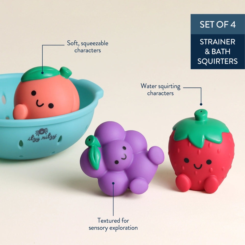 Itzy Splash Pals bath toy set of 4 featuring a strawberry, purple grape, and tub character with soft squeezable textures